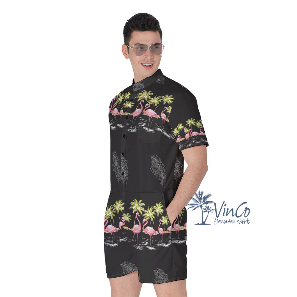 Cool Flamingo Black Hawaiian Romper For Men