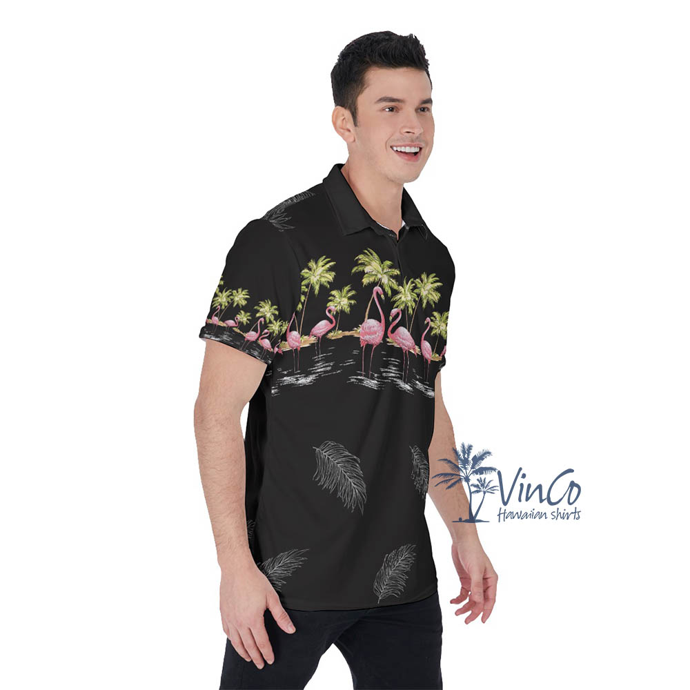 Pink Flamingo Black Hawaiian Polo Shirt For Men