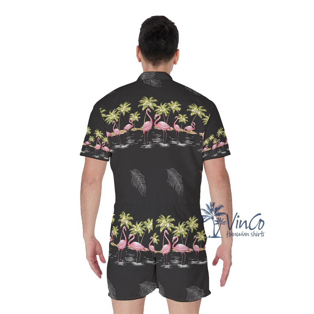 Cool Flamingo Black Hawaiian Romper For Men