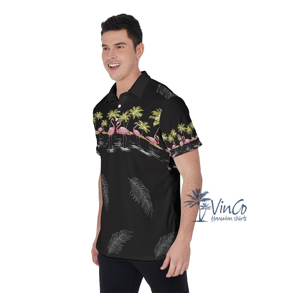 Pink Flamingo Black Hawaiian Polo Shirt For Men
