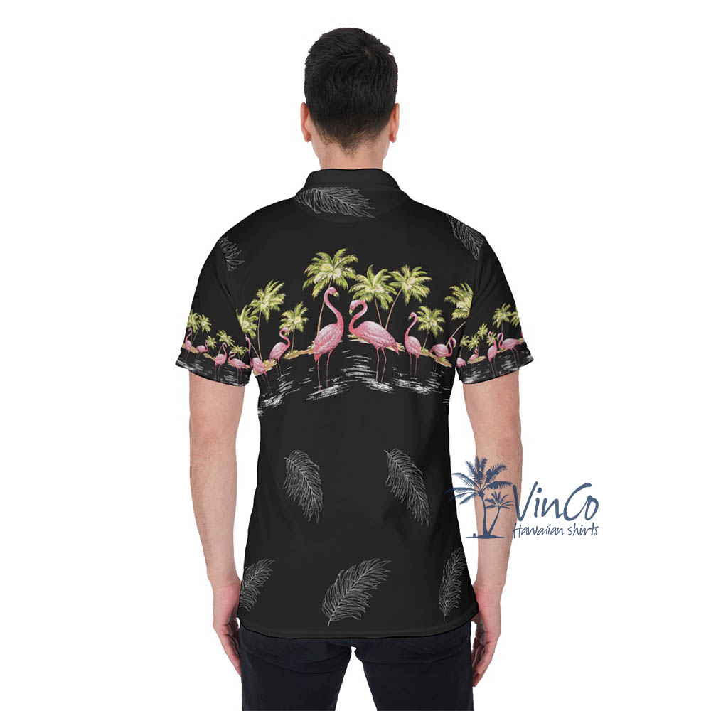 Pink Flamingo Black Hawaiian Polo Shirt For Men