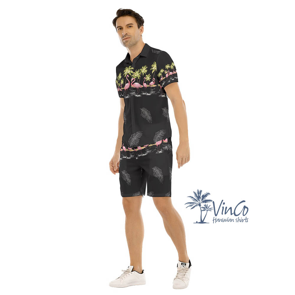 Vintage Flamingo Hawaiian Shirt Shorts Set For Men