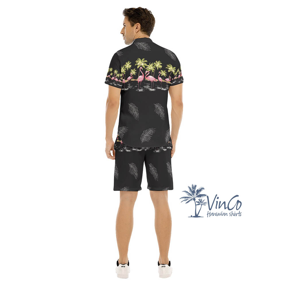 Vintage Flamingo Hawaiian Shirt Shorts Set For Men