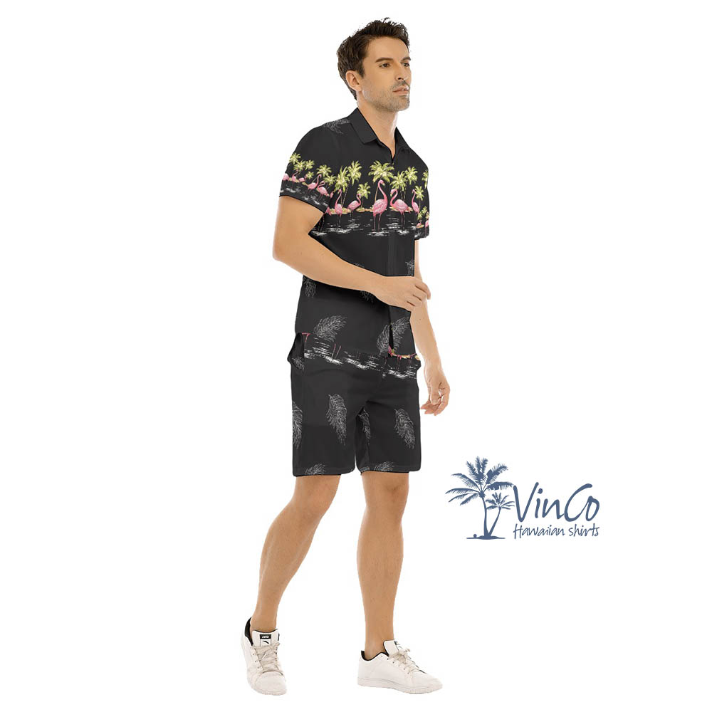 Vintage Flamingo Hawaiian Shirt Shorts Set For Men