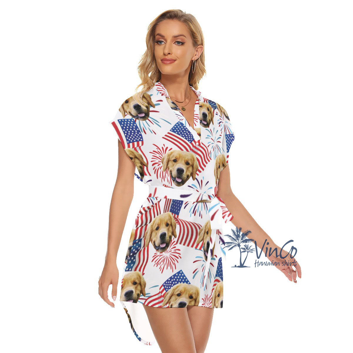 White Red And Blue Hawaiian Dress With Belts