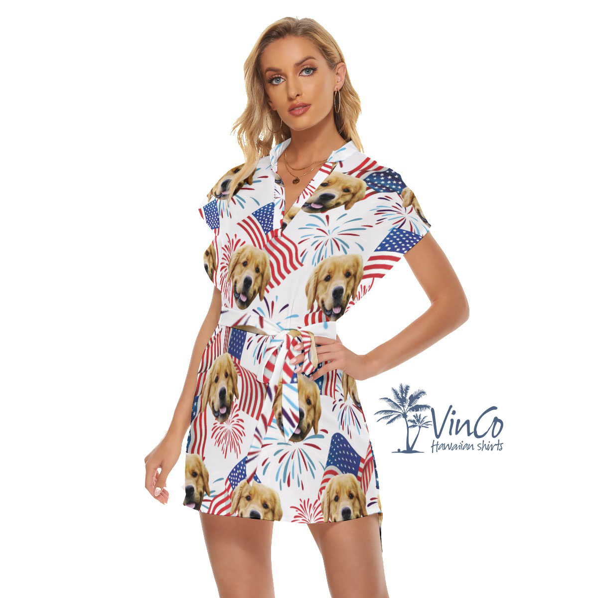 White Red And Blue Hawaiian Dress With Belts