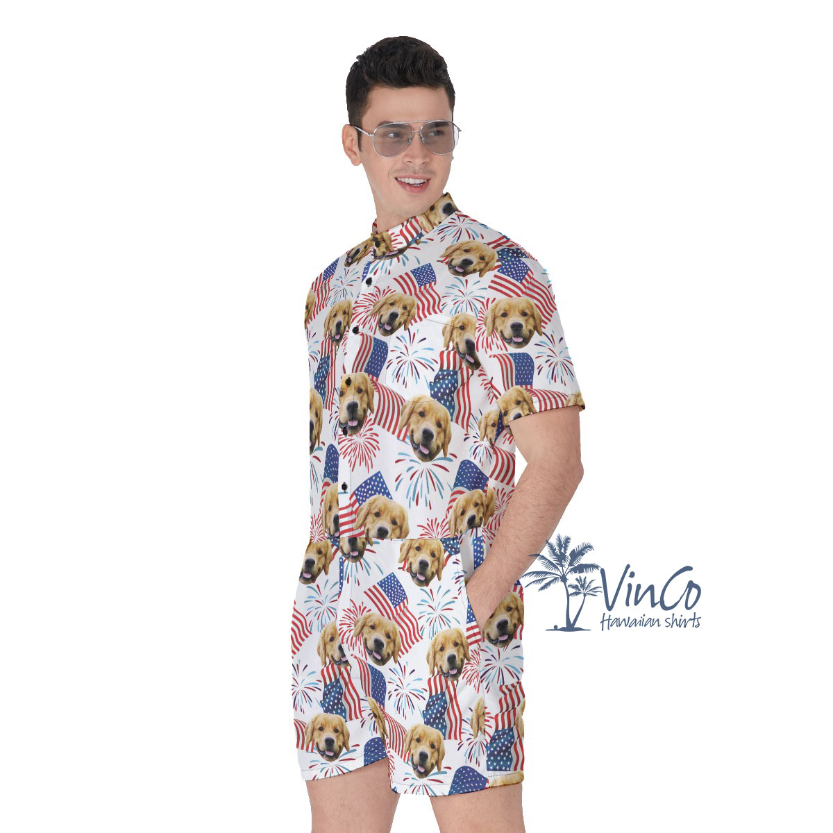 White Red And Blue Flag Men's Hawaiian Romper