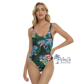 Funny Dinosaur American Flag Tropical Hawaiian Swimsuit For Women