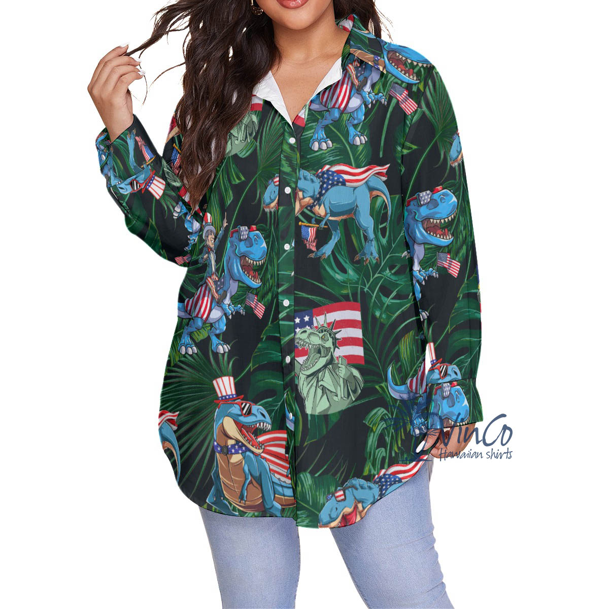 Funny Dinosaur American Flag Tropical Hawaiian Plus Size Shirt For Women - variant image 1