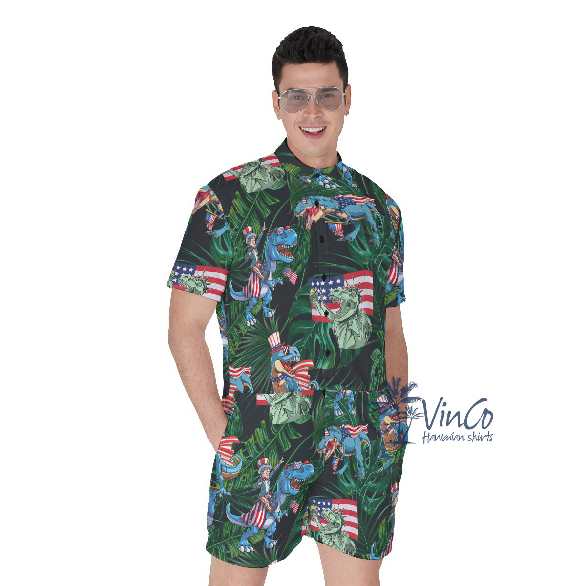 American Flag Dinosaur Tropical Men's Hawaiian Romper - variant image 1