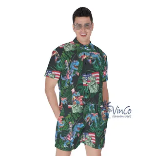 American Flag Dinosaur Tropical Men's Hawaiian Romper