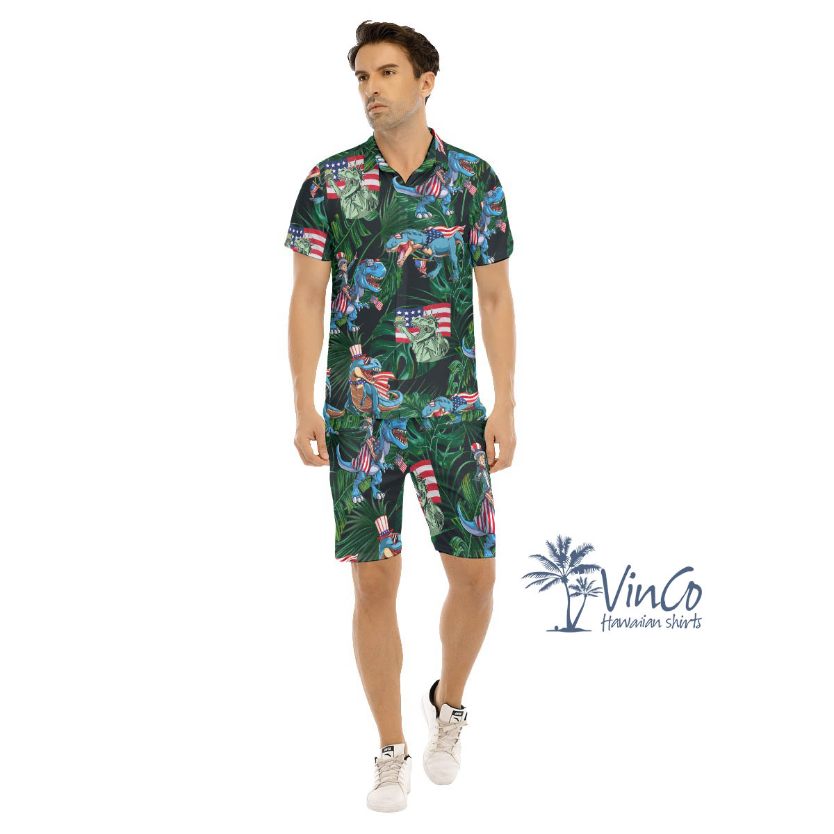 Set Dinosaur 4th Of July Hawaiian Shirt And Matching Shorts For Men - variant image 1
