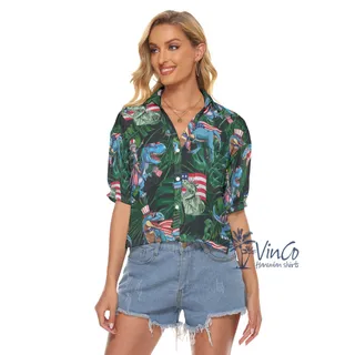 Tropical Dinosaur American Flag Hawaiian Cropped Shirt