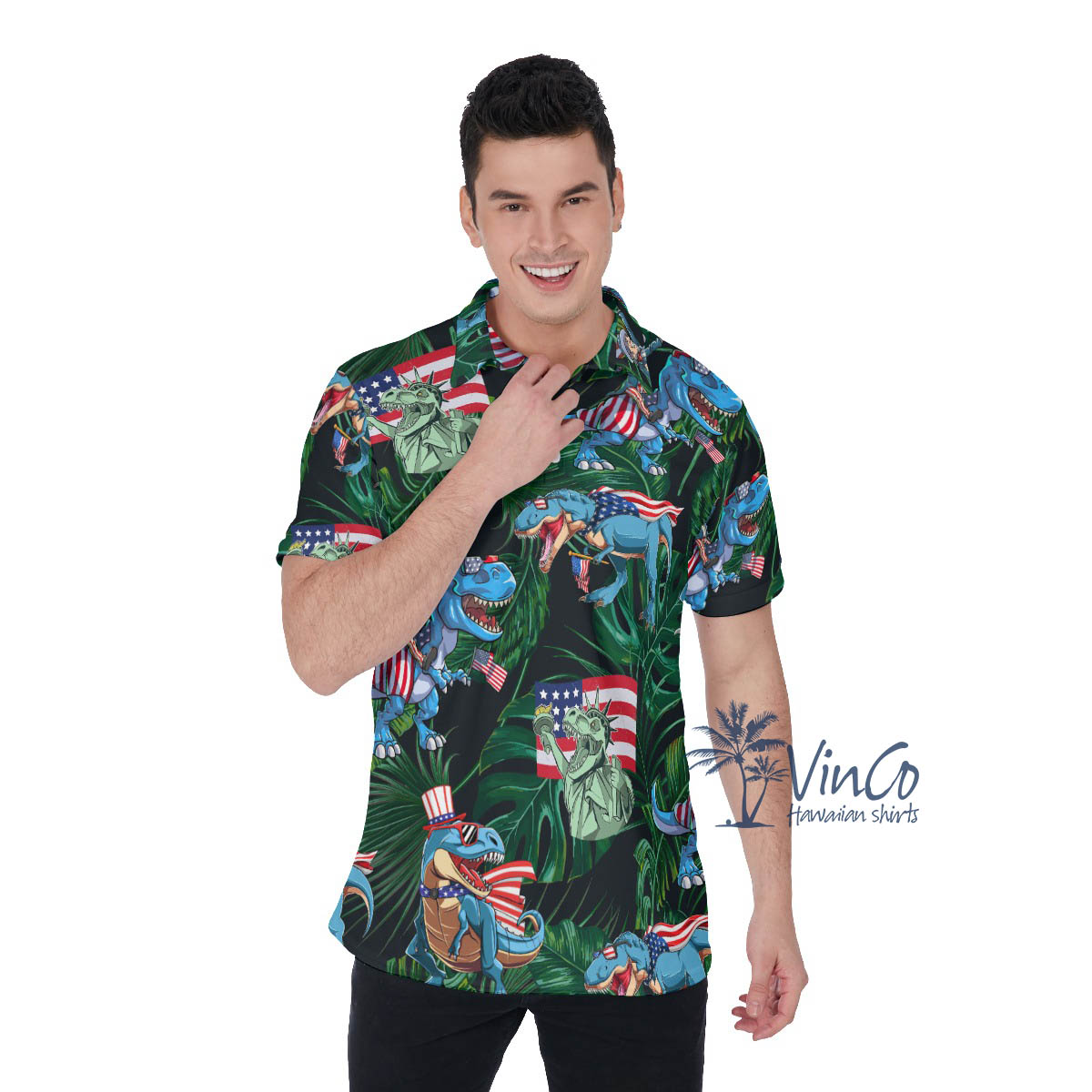 Funny American Flag Dinosaur Green Hawaiian Polo Shirt For Men - variant image 1