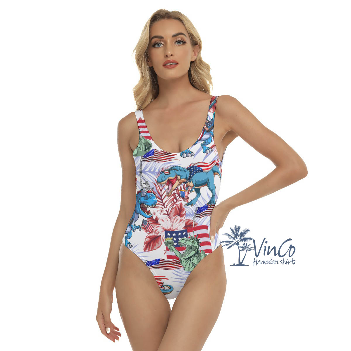 4th Of July Dinosaur Hibiscus Hawaiian Swimsuit For Women - variant image 1