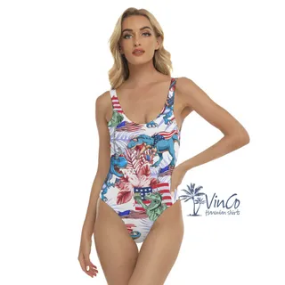 4th Of July Dinosaur Hibiscus Hawaiian Swimsuit For Women