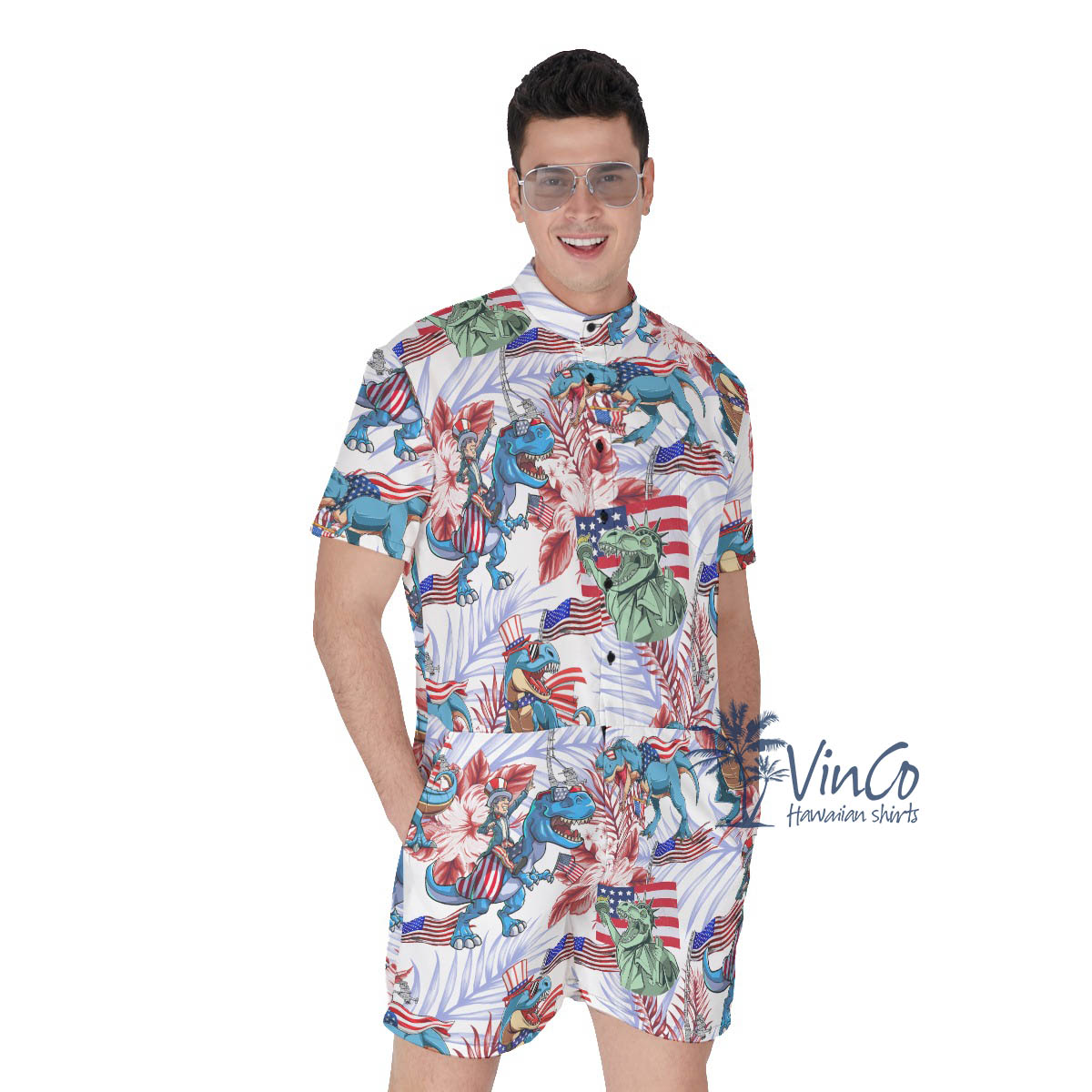 Amerisaurus Rex Hibiscus Men's Hawaiian Romper - variant image 1
