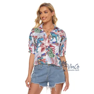 Floral American Flag Dinosaur Aloha Crop Top Shirt