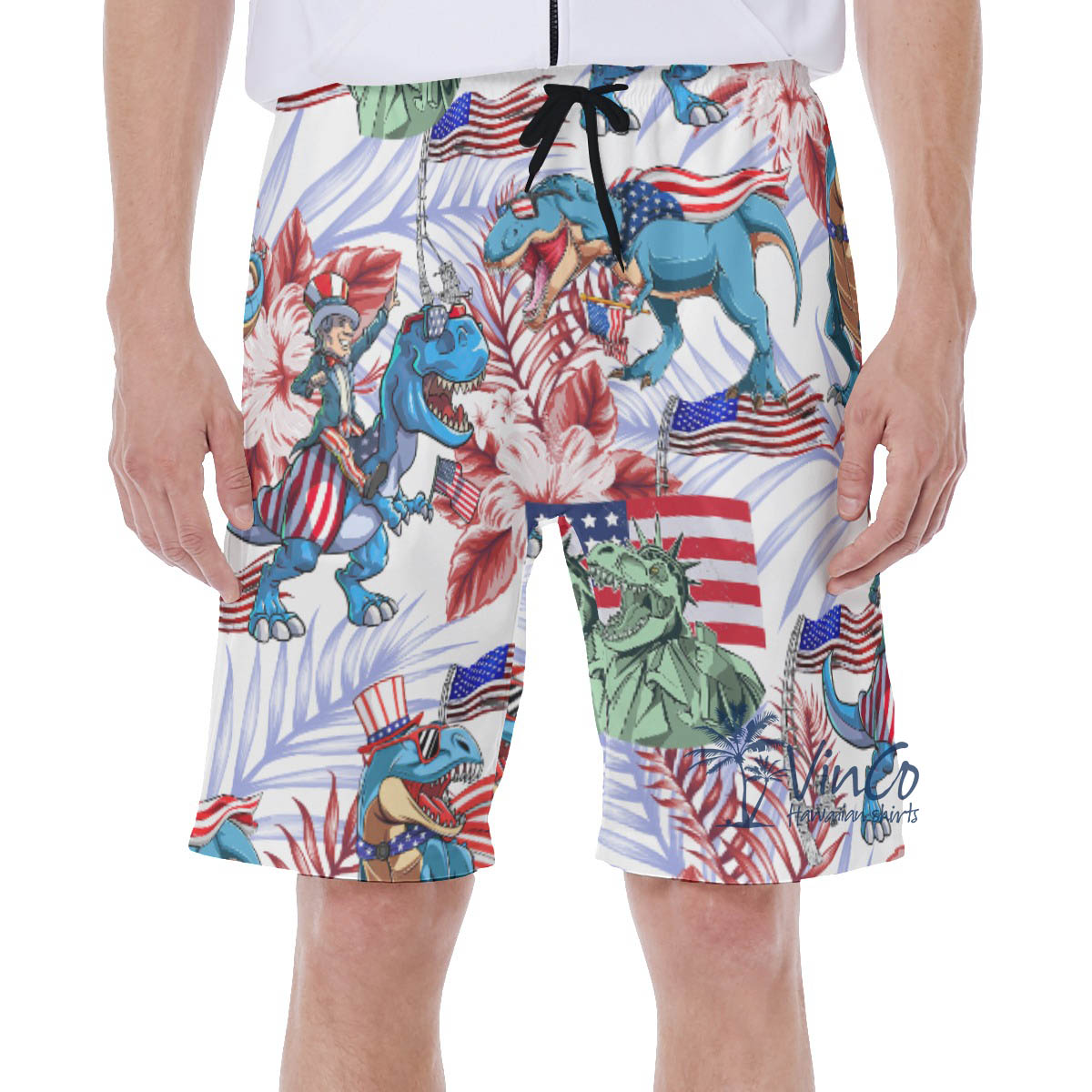 Patriotic Dinosaur American Flag Floral Hawaiian Swimwear For Men - variant image 1