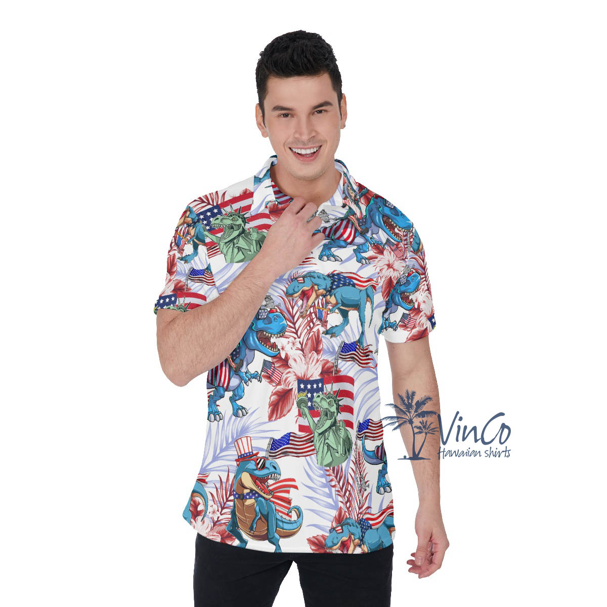 Funny Dinosaur American Flag Floral Hawaiian Polo Shirt - variant image 1