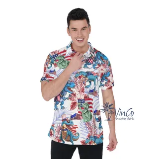 Funny Dinosaur American Flag Floral Hawaiian Polo Shirt