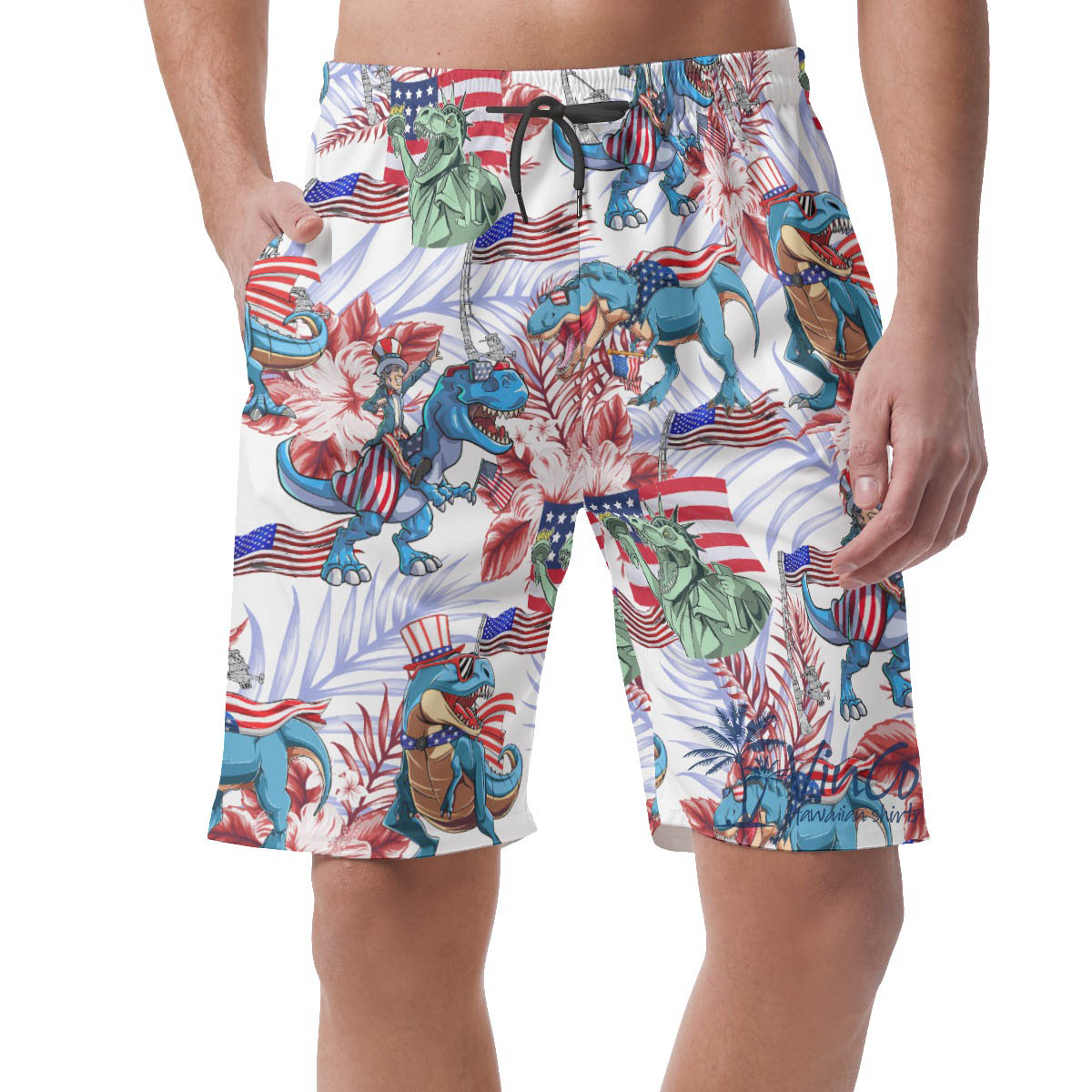 Floral Amerisaurus Patriotic Hawaiian Beach Shorts For Men - variant image 1