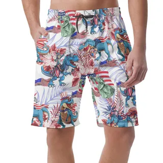 Floral Amerisaurus Patriotic Hawaiian Beach Shorts For Men