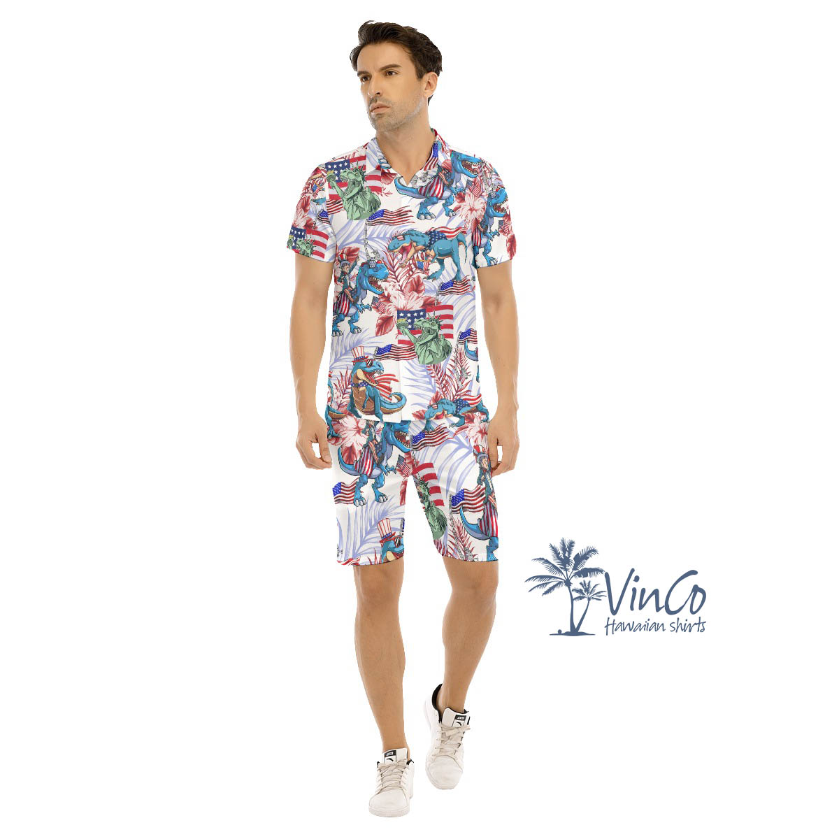 Funny Dinosaur American Flag Floral Hawaiian Shirt And Shorts For Men - variant image 1