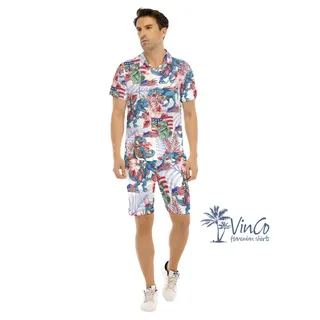 Funny Dinosaur American Flag Floral Hawaiian Shirt And Shorts For Men