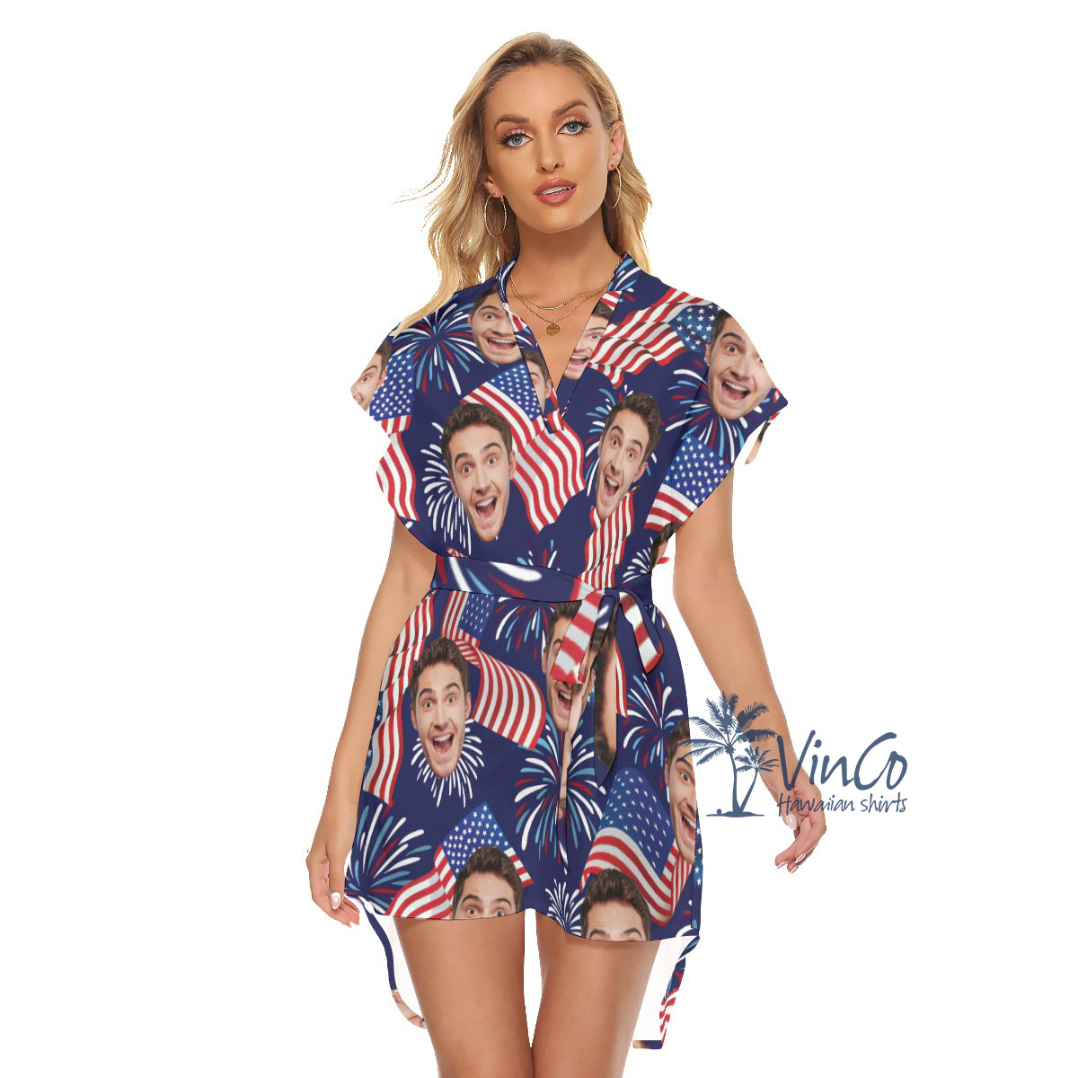 Custom Face American Flag Women's Dress With Belts - variant image 1