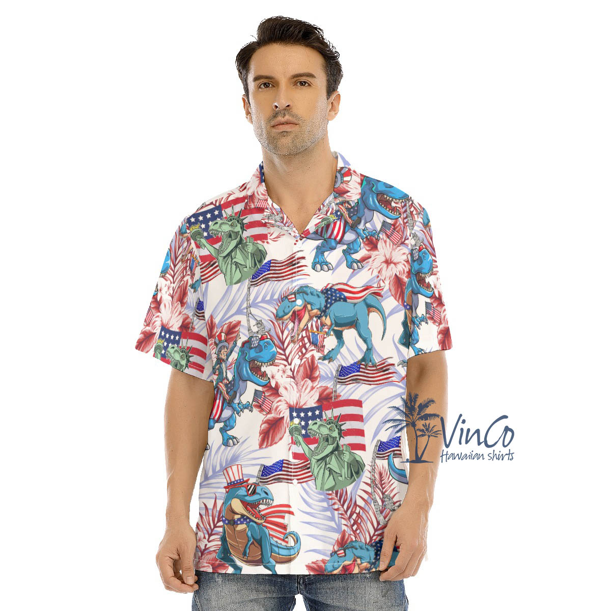 Funny Dinosaur 4th Of July Floral Hibiscus Hawaiian Shirt - variant image 1