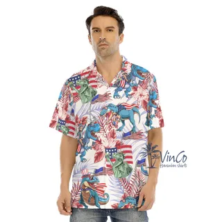 Funny Dinosaur 4th Of July Floral Hibiscus Hawaiian Shirt