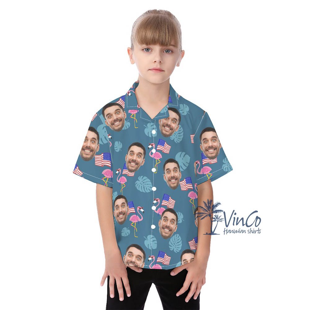Custom Face Flamingo Independence Day Aloha Shirt For Kids - variant image 1