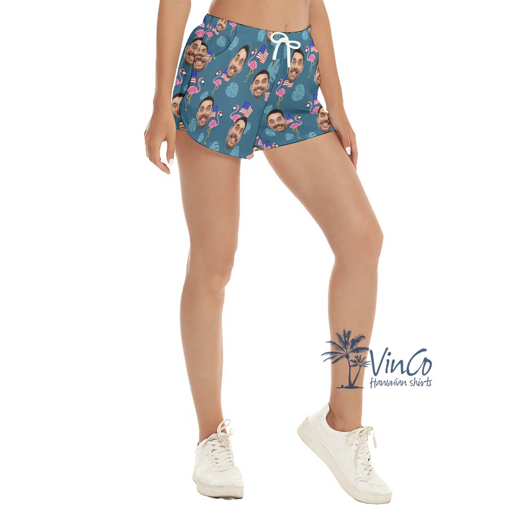 Custom Face Patriotic Flamingo Beach Shorts For Women - variant image 1
