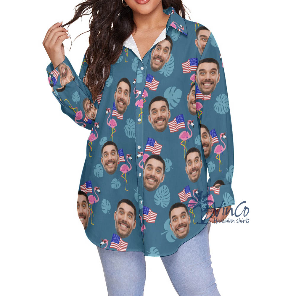 Custom Face Flamingo Independence Plus Size Hawaiian Shirt For Women - variant image 1