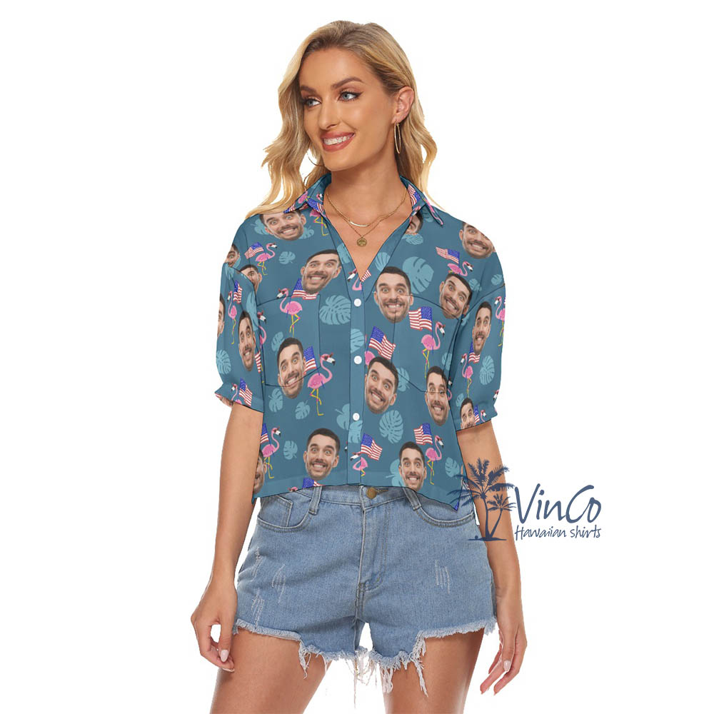Custom Face Flamingo Patriotic Cropped Hawaiian Shirt For Women - variant image 1