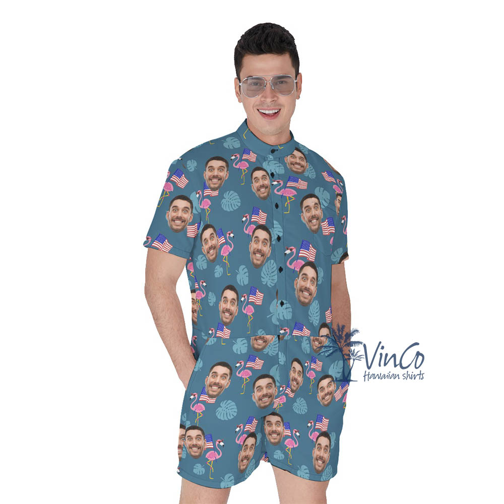 Custom Face Flamingo American Flag Men's Romper - variant image 1