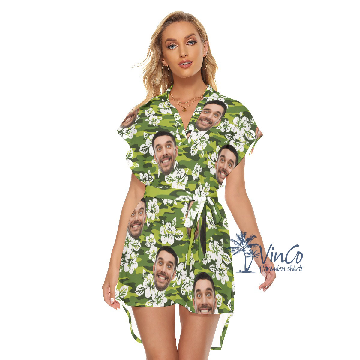 Custom Face Hibiscus Camouflage Women's Dress With Belt - variant image 1