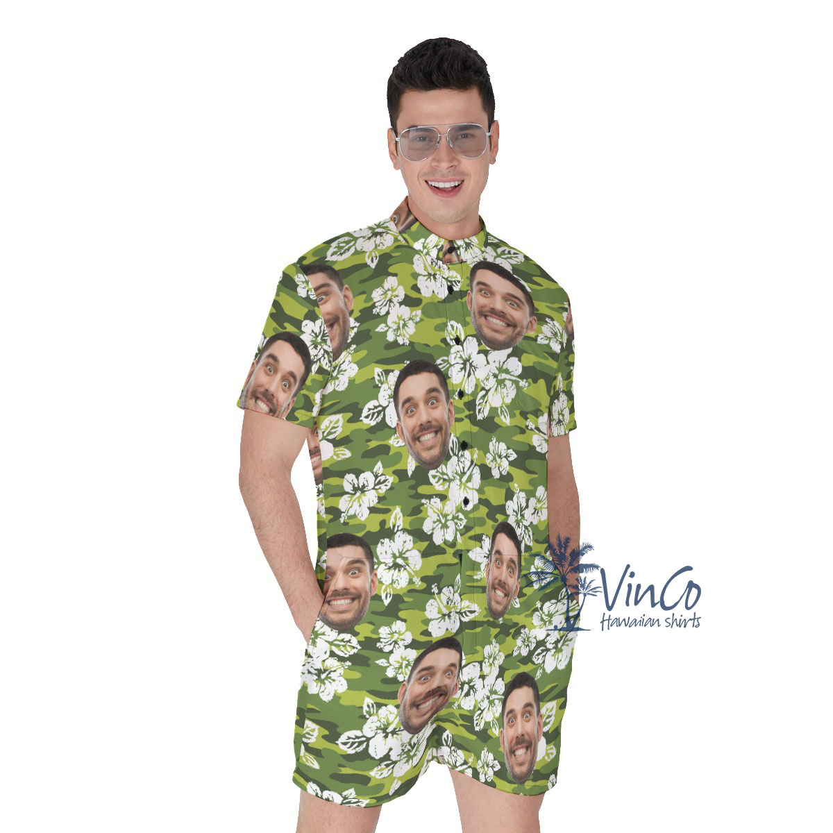 Hibiscus Camouflage Hawaiian Romper With Custom Face - variant image 1