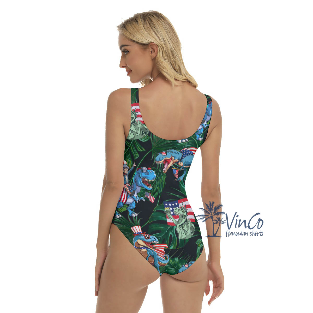 Funny Dinosaur American Flag Tropical Hawaiian Swimsuit For Women