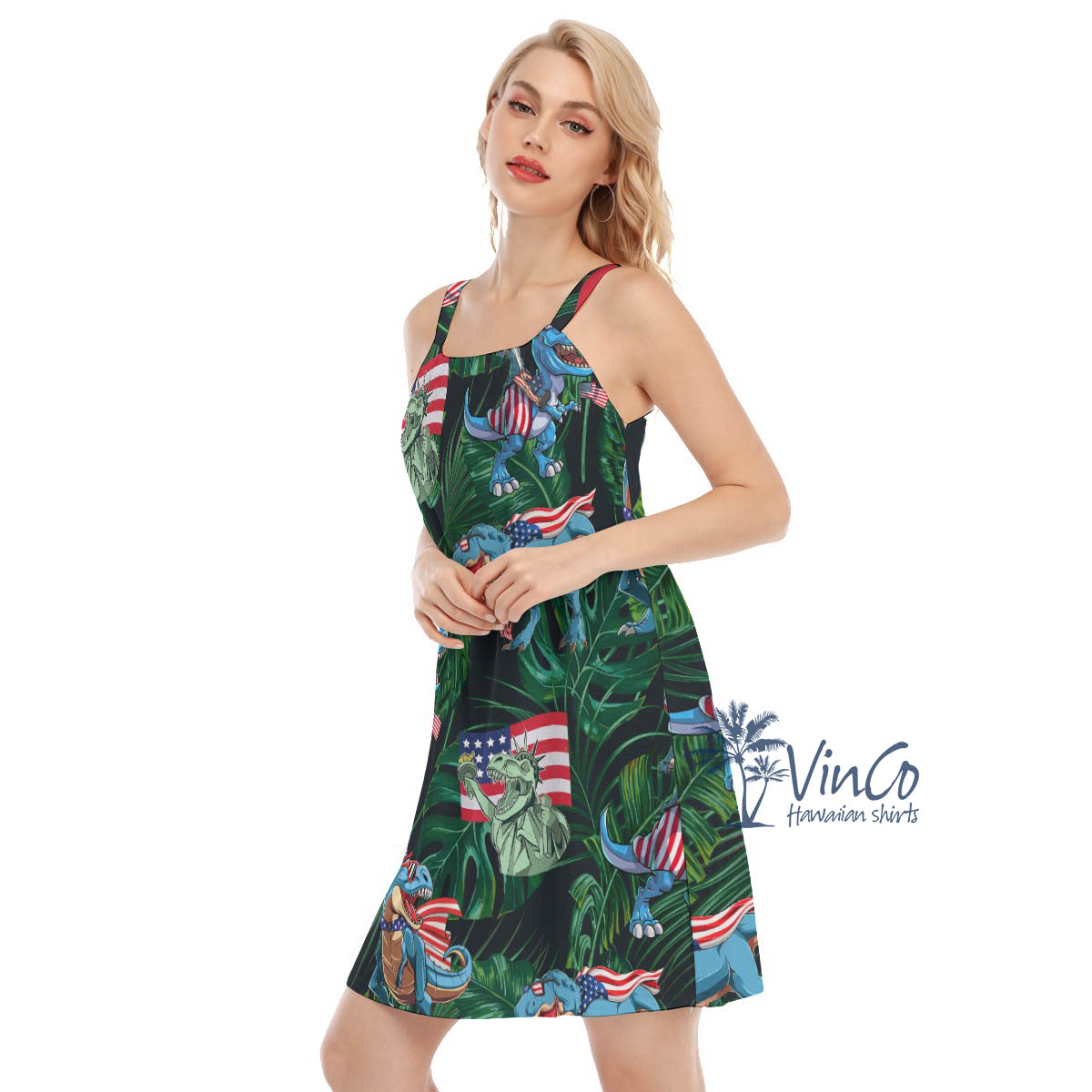 Funny Dinosaur American Flag Hawaiian Dresses For Women