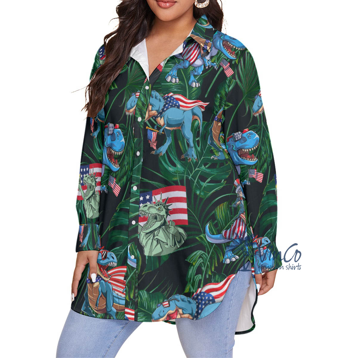 Funny Dinosaur American Flag Tropical Hawaiian Plus Size Shirt For Women