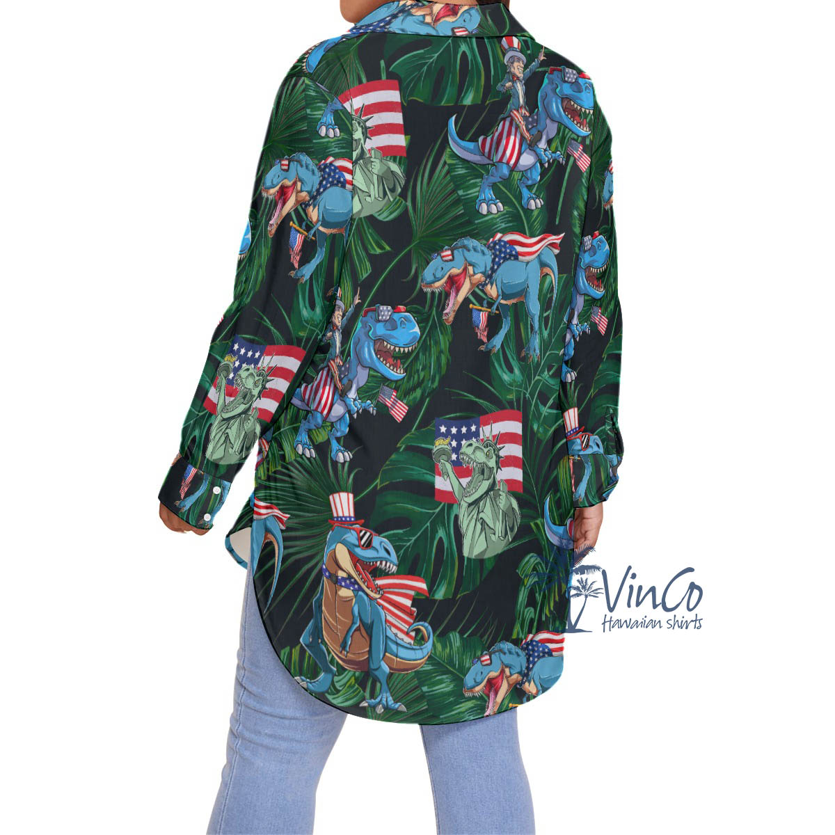 Funny Dinosaur American Flag Tropical Hawaiian Plus Size Shirt For Women
