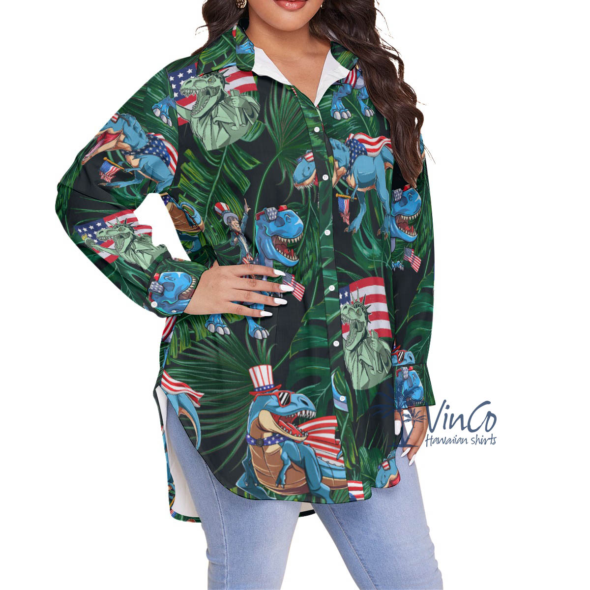 Funny Dinosaur American Flag Tropical Hawaiian Plus Size Shirt For Women