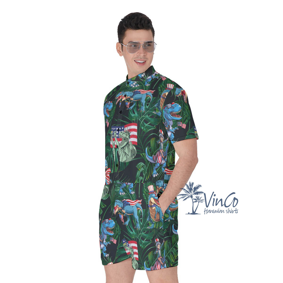 American Flag Dinosaur Tropical Men's Hawaiian Romper