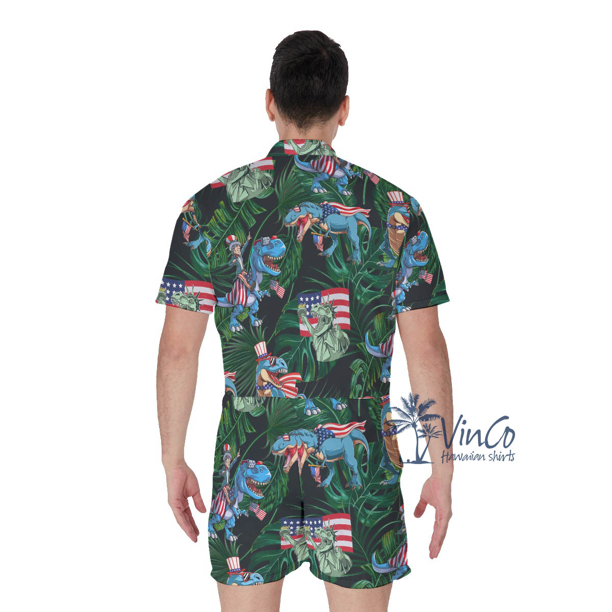 American Flag Dinosaur Tropical Men's Hawaiian Romper