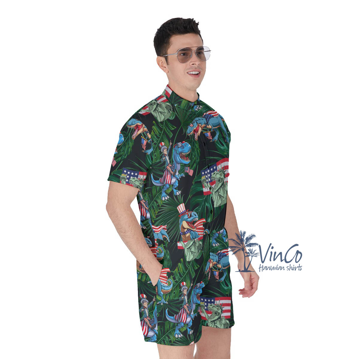 American Flag Dinosaur Tropical Men's Hawaiian Romper