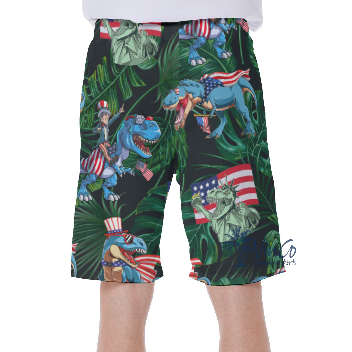 Funny Dinosaur Patriotic Hawaiian Swim Trunks For Men