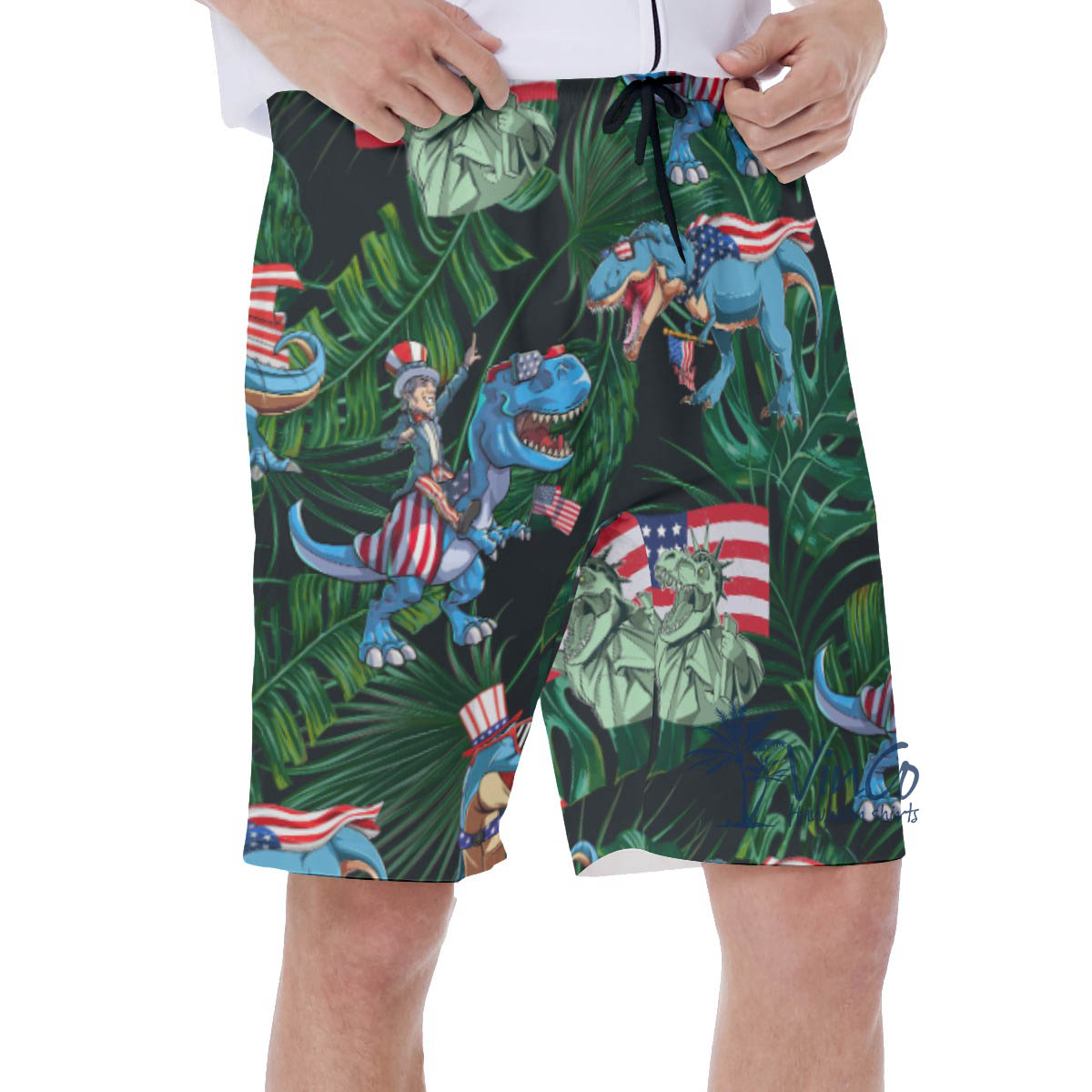 Funny Dinosaur Patriotic Hawaiian Swim Trunks For Men