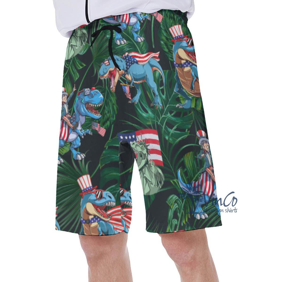 Funny Dinosaur Patriotic Hawaiian Swim Trunks For Men
